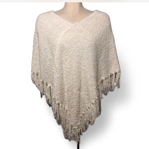 Cream Fringe Knit Poncho Shawl Wrap One Size Boho Cozy
